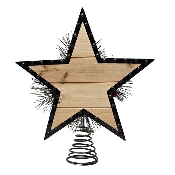 Rustic Metal and Wood Jute Star Pinecone and Evergreen Christmas Tree Topper - Picture 4 of 4